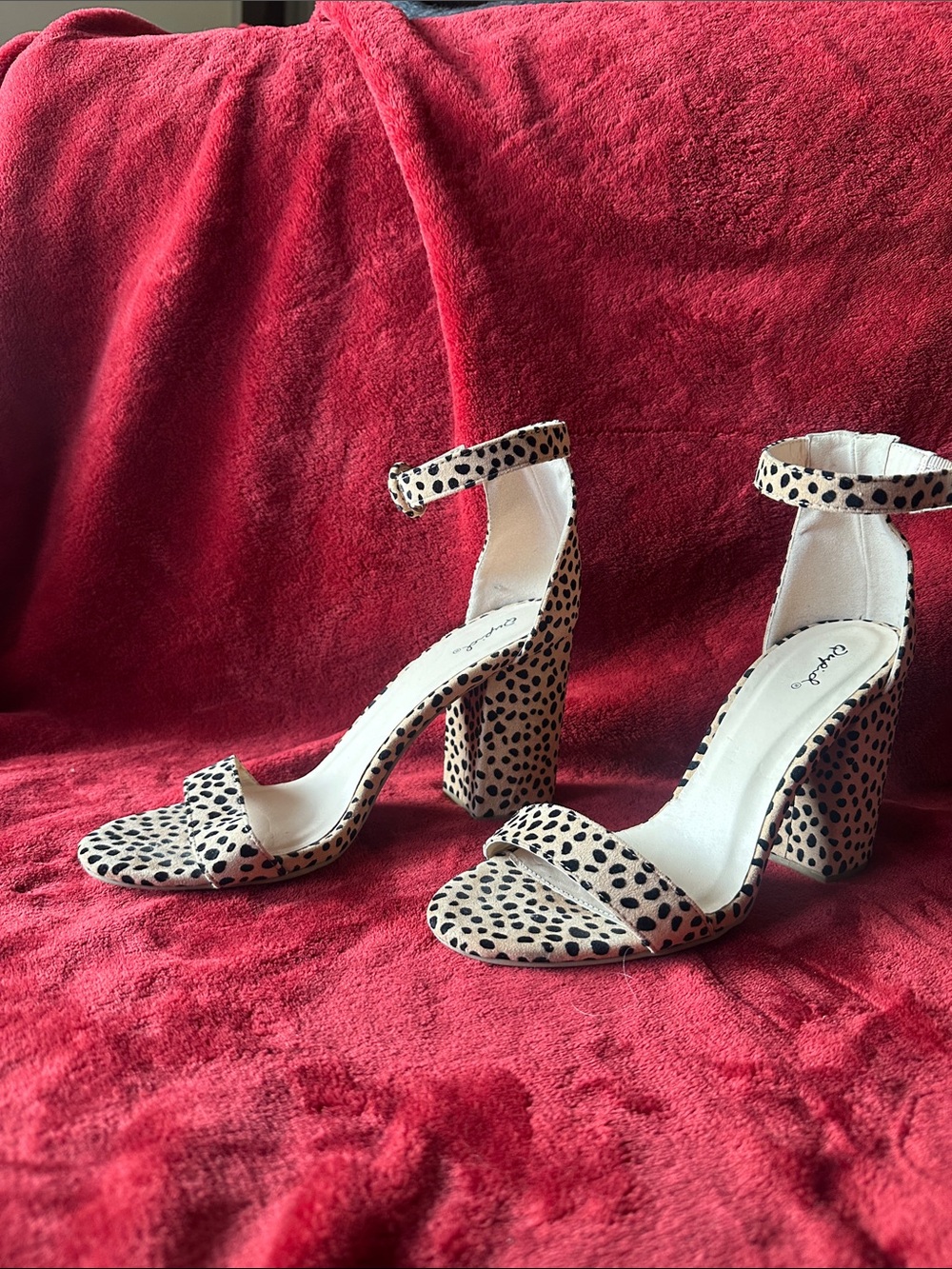 Qupid Leopard Print Block Heel Ankle Strap Sandals - Beige and Black